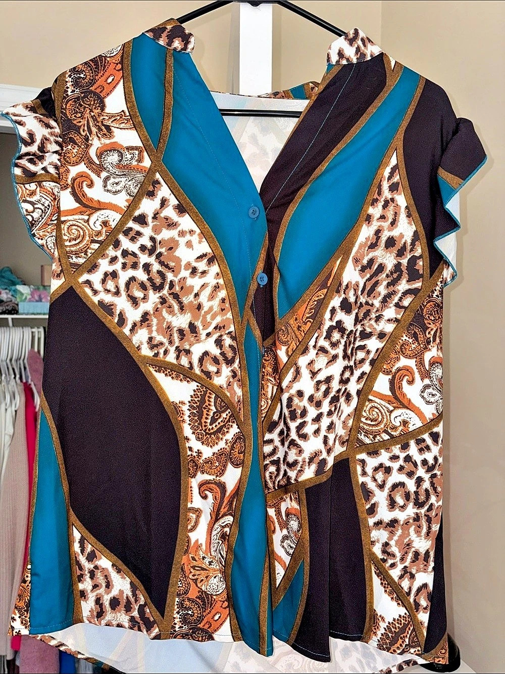 SHEIN Printed Blouse in Black & Blue Size XL Like New